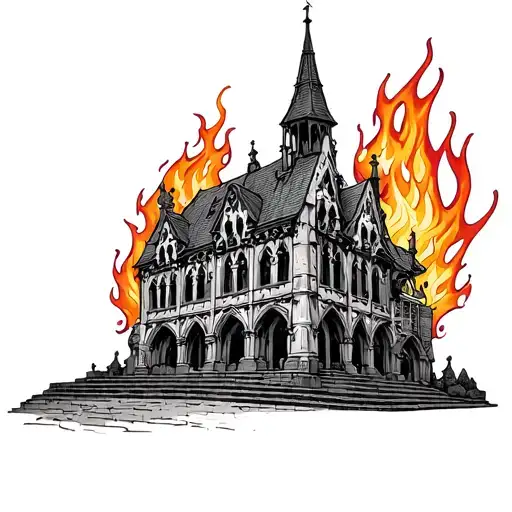 Gothic Building With Flames