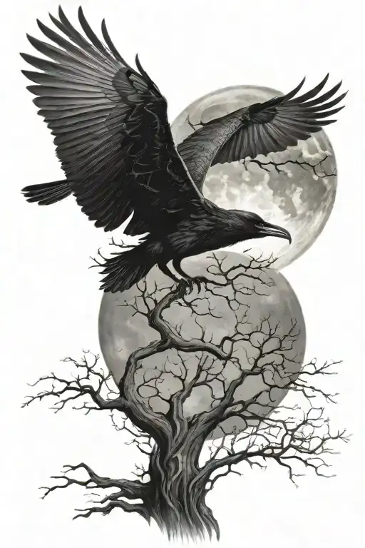 Design A Tattoo Of A Leafless Tree With A Full Moon Behind It And Ravens Flying Around It