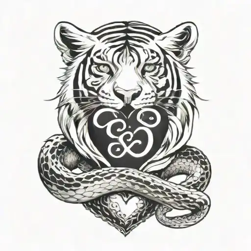 A Tiger And Snake Curled Around A Heart Symbolizing Love