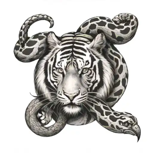 A Tiger And Snake Curled Around