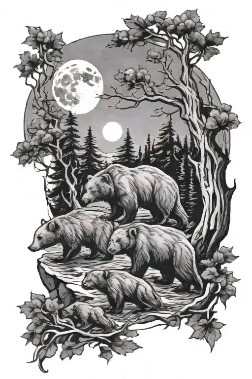 4 Bear Cubs And 1 Big Bear All Underneath The Moon And Trees