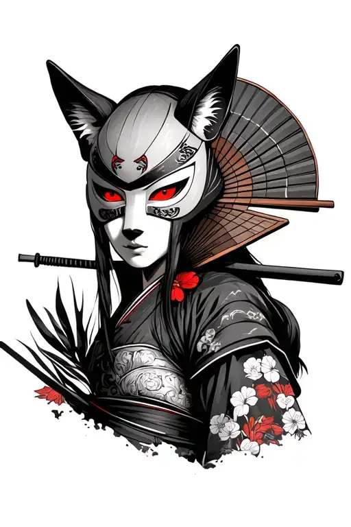 Woman Samurai With Red Eyes And Kitsune Mask And Hand Fan With Irises