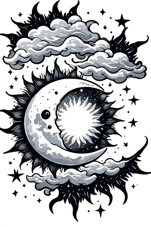 Sun And Moon With Clouds And Stars
