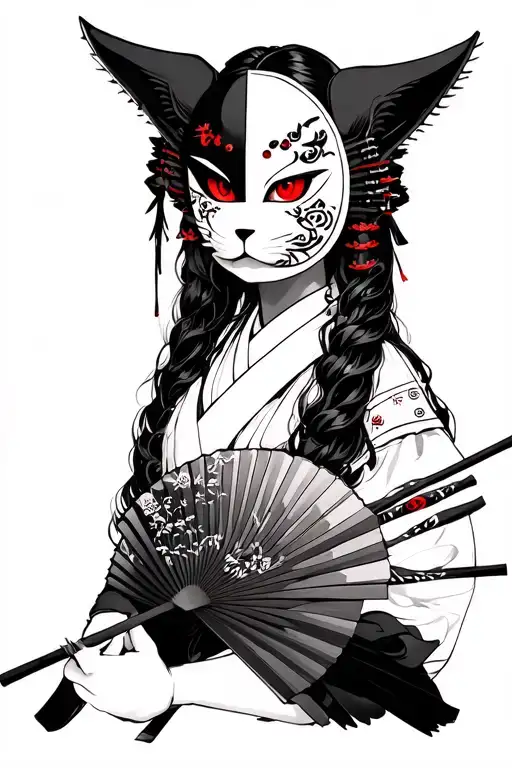 Woman Samurai With Red Eyes And Half Kitsune Mask And Irises On Hand Fan
