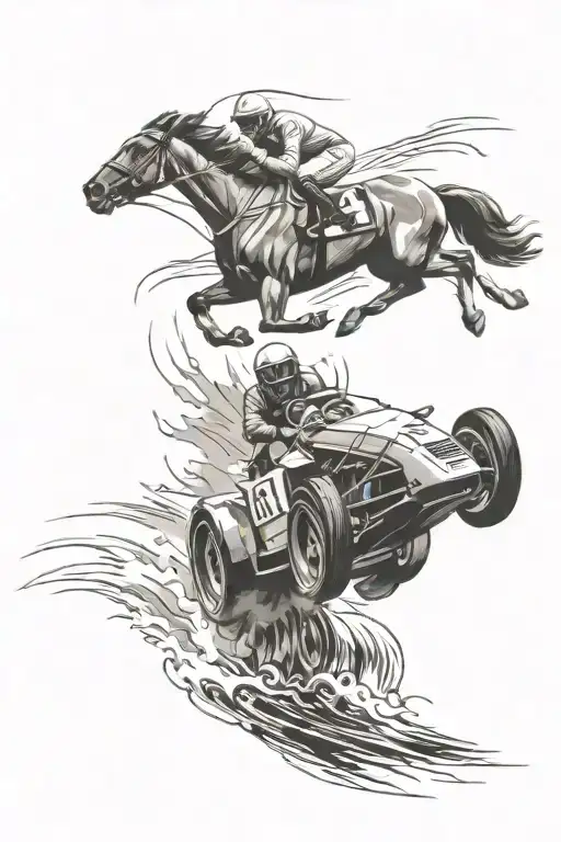 F1 Car Racing And A Horse Galloping