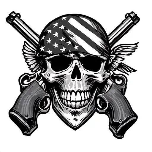 Skull With American Flag Bandana Mask Hold Revolver