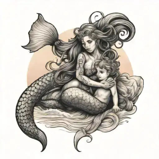 A Mother Mermaid Holding Her Child On A Beach At Sunset