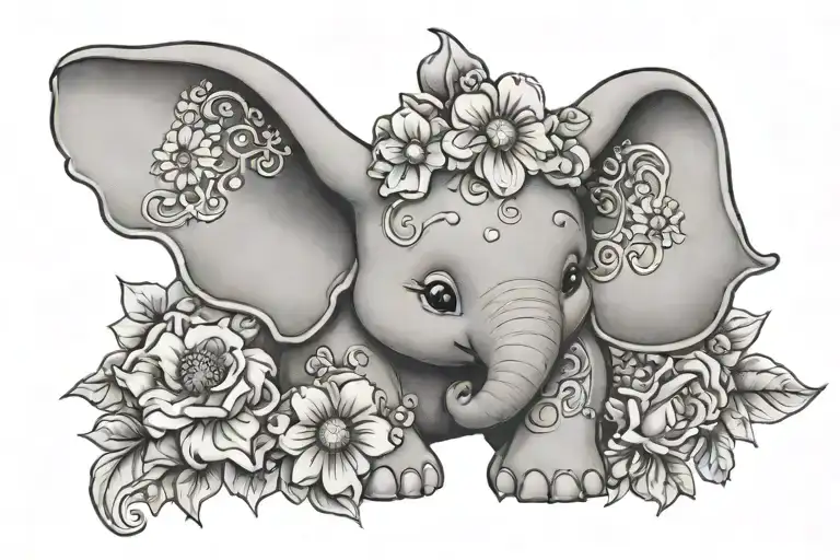Cute Disney Dumbo With Daisies And Sweet Peas With Paisley Pattern