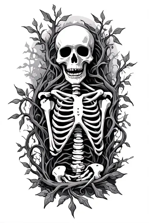 Skeleton Wrapped In Vines With A Graveyard Scenery