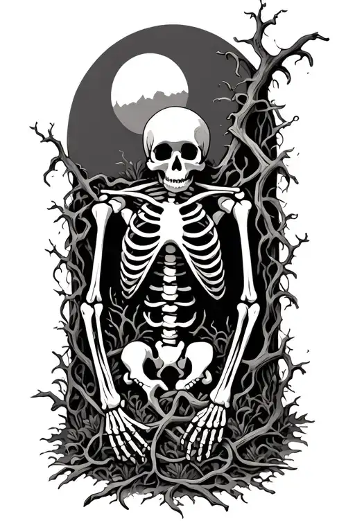Skeleton Wrapped In Vines With A Graveyard Scenery But In The Style Of Realism