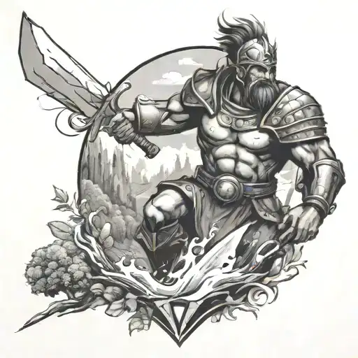 A Warrior Wielding A Sword And Shield In A Dense Forest With A Waterfall In The Background