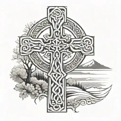 A Celtic Cross With Intricate Nordic Patterns And Outdoor Scenery In Black And Grey