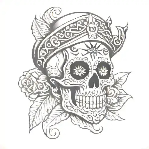 A Stylized Sugar Skull With Marine Insignia Elements Honoring Mexican Heritage And Service