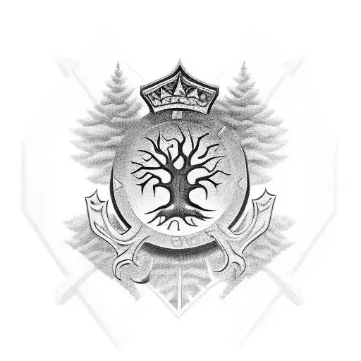 An Intricate Black-grey Tattoo Depicting A Police Badge Surrounded By A Mysterious Forest