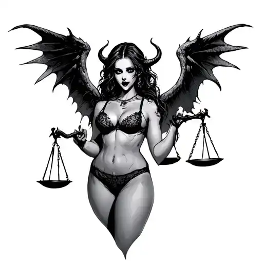 Scary Girl In Sexy Lingerie With Demon Wings Holds Scales Of Justice