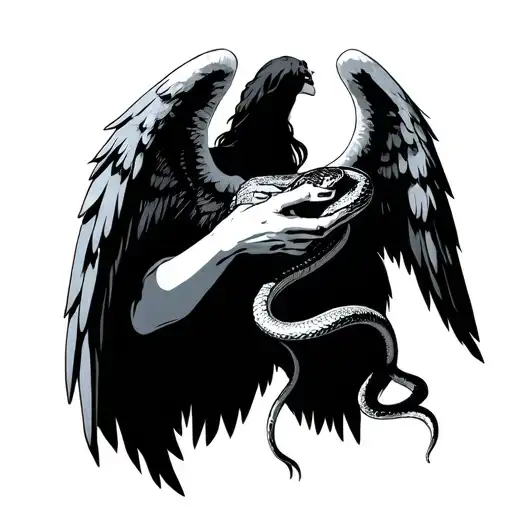 A Fallen Angel Reaching Hand Out To A Snake