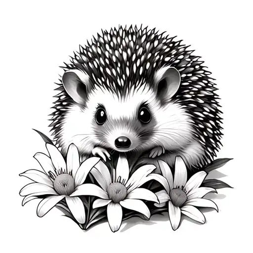 Little Cute Hedgehog Around Chamomile And Lily