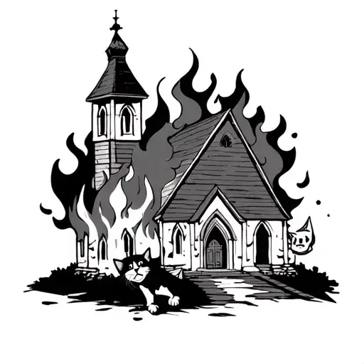 Cartoon Of A Burning Church With A Cat Laughing