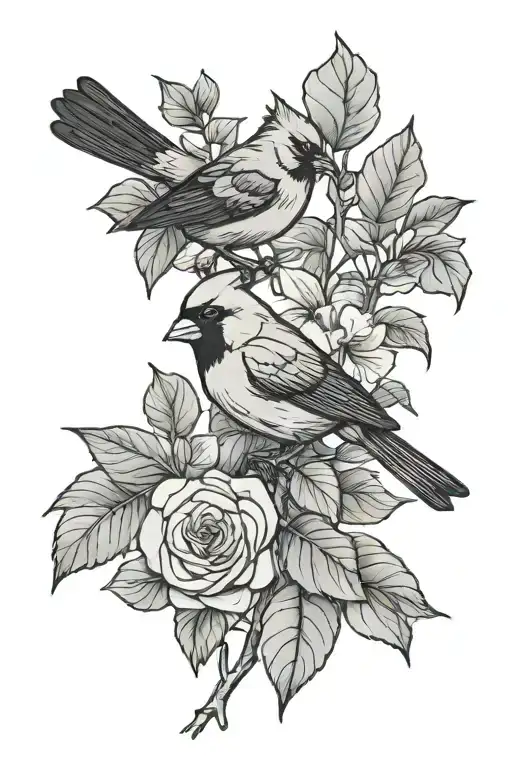 A Unique Tattoo Featuring A Rose Of Sharon And A Cardinal In A Minimalist Style