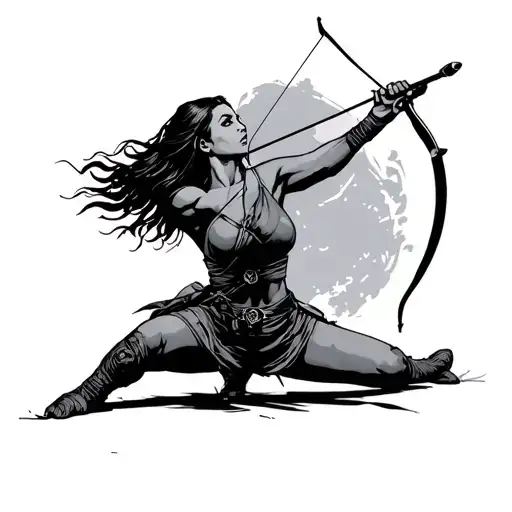 Female Archer On One Knee Shooting Up At 45 Degree Angle