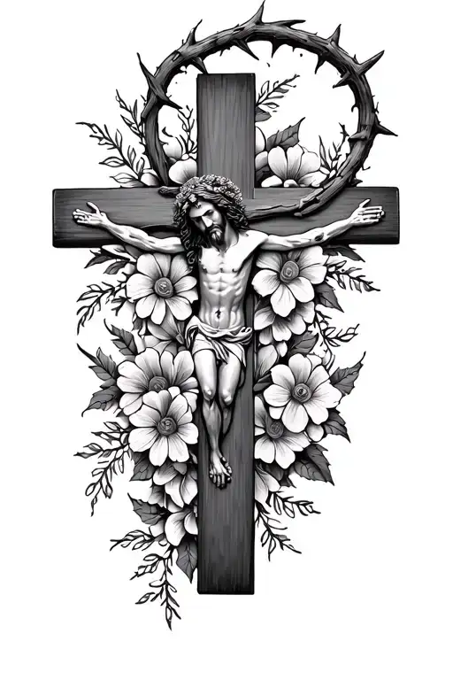 Cross With Flowers Around It And Jesus' Thorn Crown In The Middle
