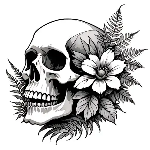 Skull And Ferns Sticking Out With Flowers