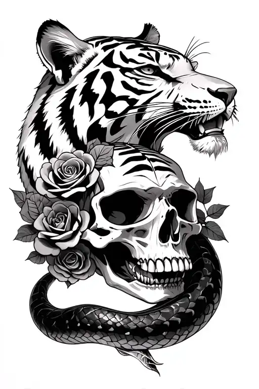 A Tiger And A Skull Intertwined With A Snake That Wants To Bite The Tiger's Head And Roses