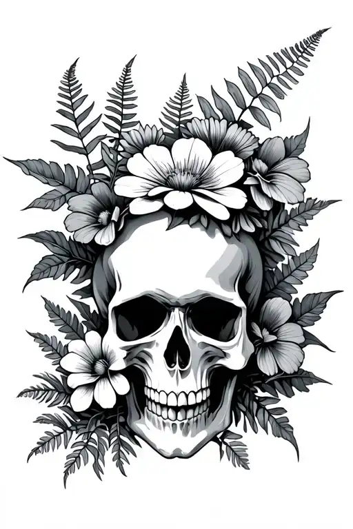 Skull And Ferns Sticking Out With Flowers