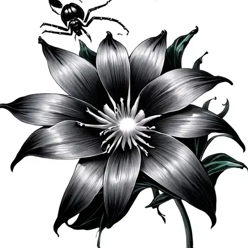 Red Spider Lily With A Black Widow Spider Crawling