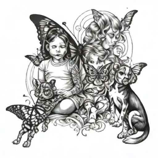 Buterfly With 2 Kids Playing With A Dog Playing