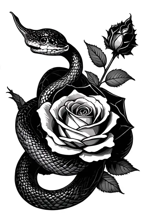 Snake Wrapped Around A Rose With A Stem