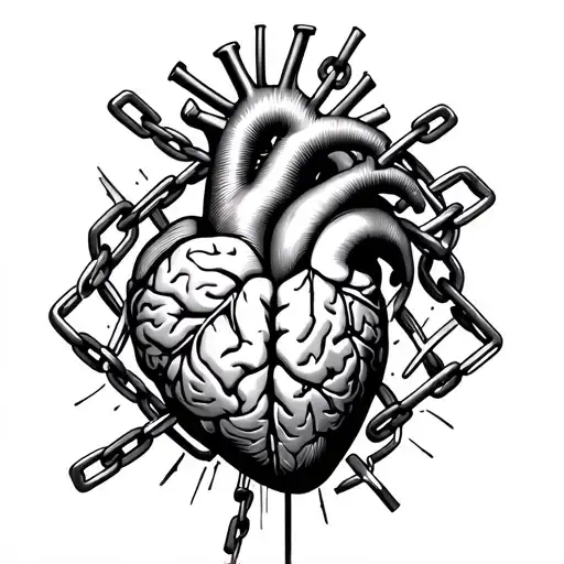 Anatomical Heart And Brain Surrounded By Broken Chain