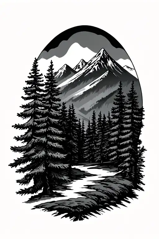 Pine Forest With Mountain In Background Black