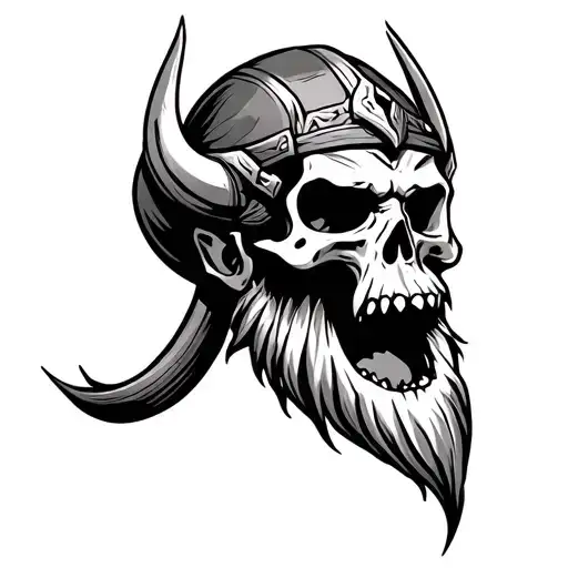 Viking Skull With Beard Mouth Open Yelling With Vulknut On Forhead