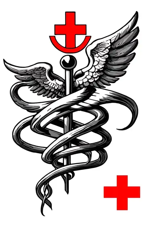 Medical Caduceus Intertwined With Red Cross Symbol Behind It