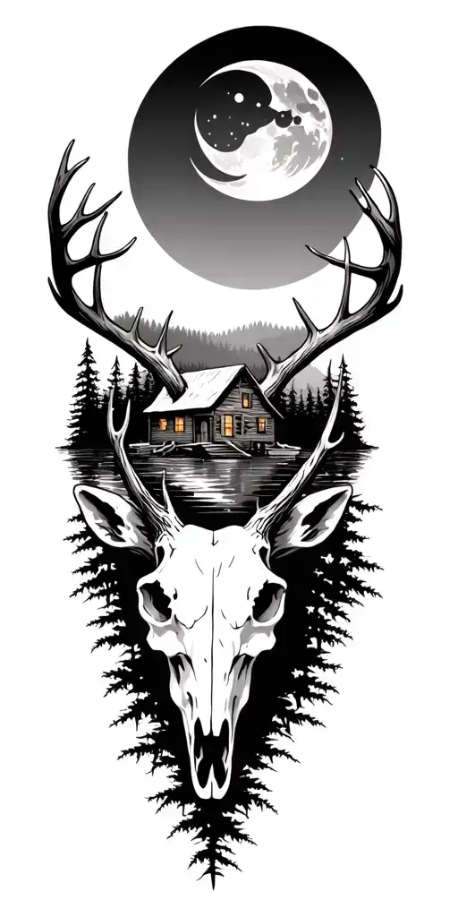 Deer Skull With Moon Over A Cabin On A Lake Surrounded By Dense Forest