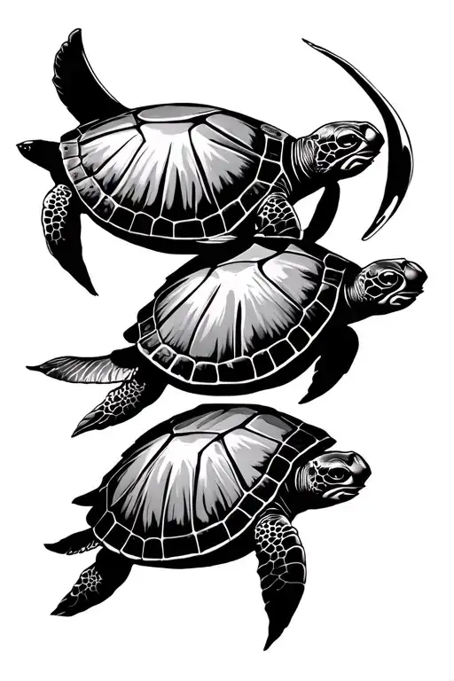 Three Turtles Swimming In A Line