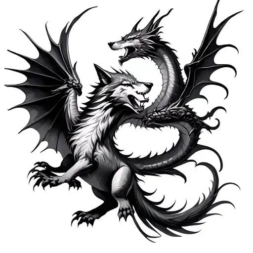 Wolf Surrounded By Dragon Flying Together