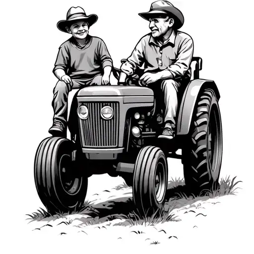 Grandfather And Grandson Sitting On Tractor