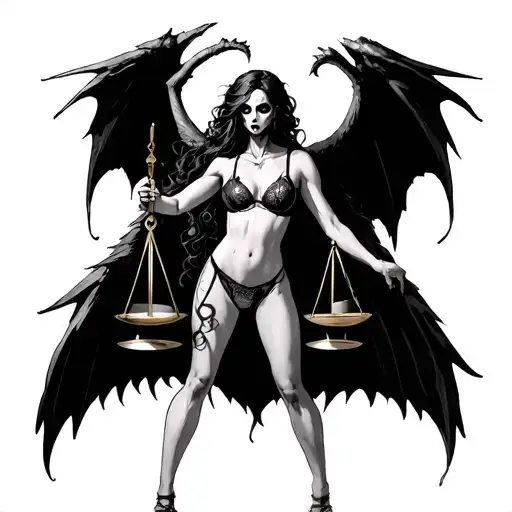 Scary Girl In Sexy Lingerie With Demon Wings Holds Scales Of Justice
