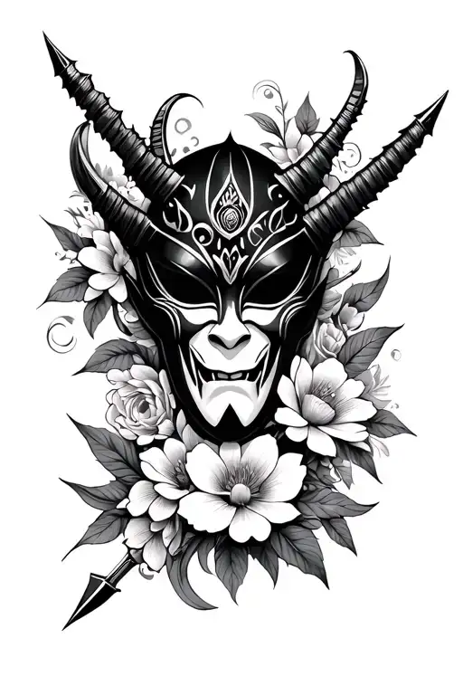 Black Oni Mask Surrounded With Flowers And Daggers