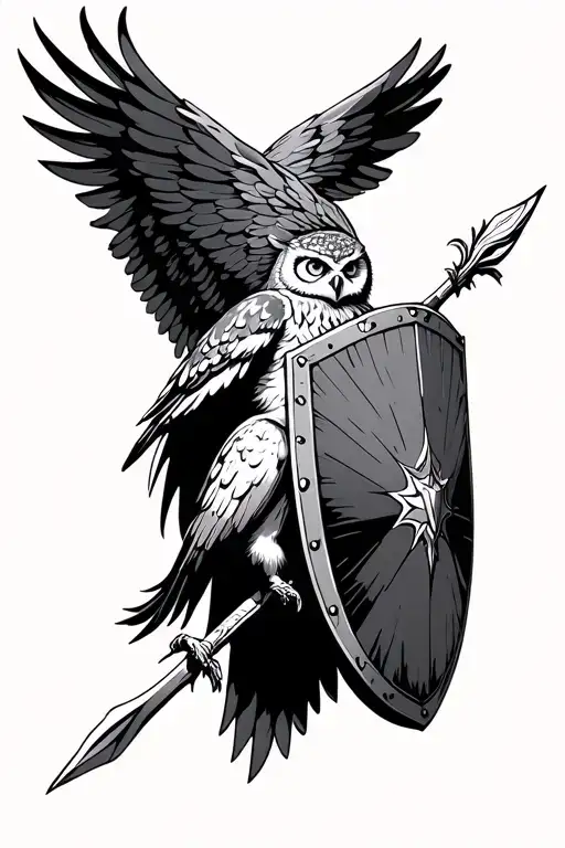 Athena's Owl Wings Open With Spear And Shield Staring