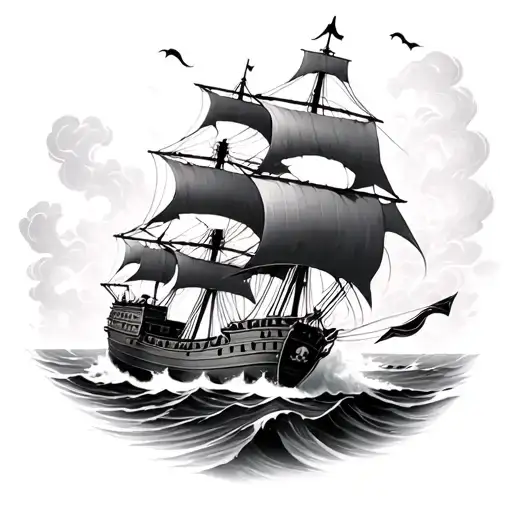 Medium Pirate Ship Sailing Through Stormy Battling