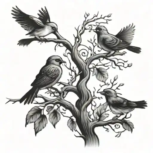 Tree Branch With 3 Birds One On Branch And Other 2 Flying Away
