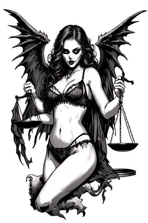 Scary Girl In Sexy Lingerie With Demon Wings Holds Scales Of Justice