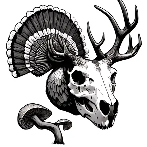 Deer Skull Surrounded By Turkey Fan With Morel Mushroom