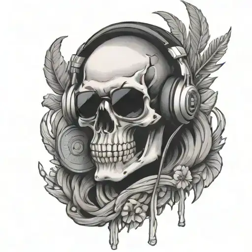 A Skull Wearing Headphones And Sunglasses With A Dj Booth In The Background