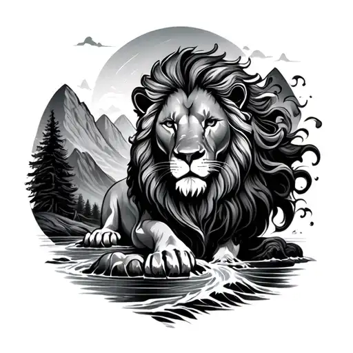 Lion With Hair Flowing Into A River Flowing Through Mountains