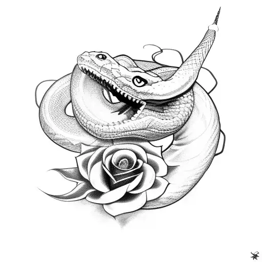 Snake With Open Fangs And Roses Around
