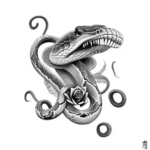Snake With Open Fangs And Roses Around